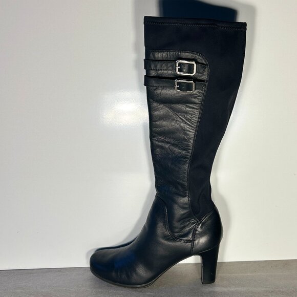 Rockport SZ 10 Black Leather Knee High Heeled Adiprene Comfort Boot Old $ Staple - Picture 2 of 10